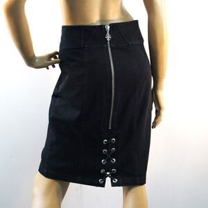 Womens A-Line Skirt Black Lace Up Zip Up Stretch Size 8 Mod Groovy